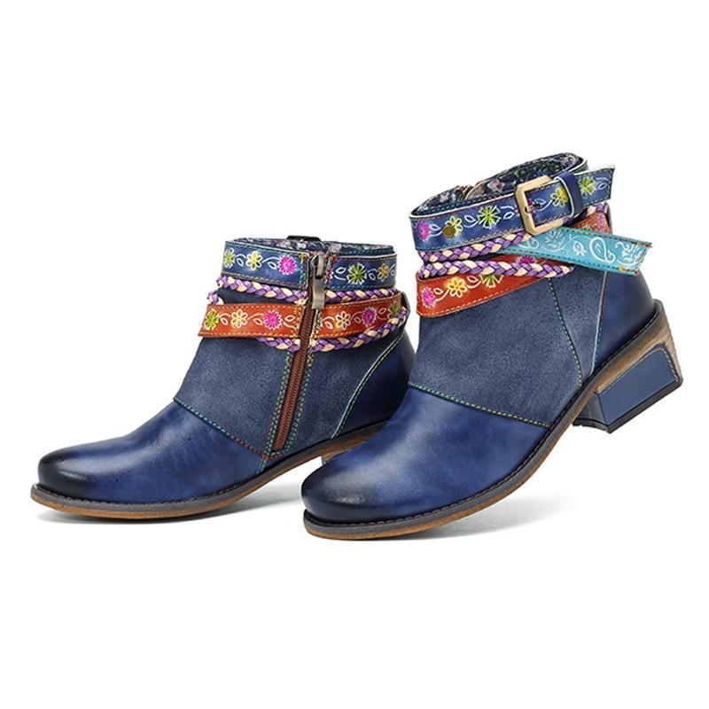 Bohemian Leather Ankle Boots with Floral Art