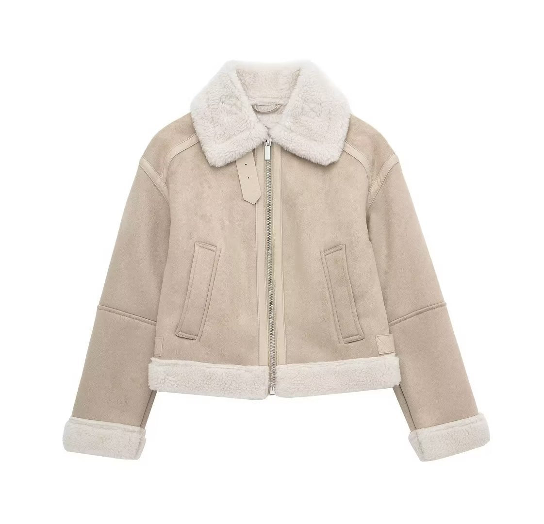 Chic Faux Suede Shearling Aviator Jacket with Cozy Interior Lining