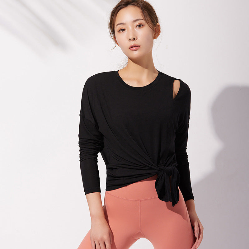 Quick Dry Loose Fit Long Sleeve Athletic Top with Split Hem and Knot Detail