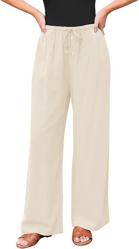 Women's High Waist Wide Leg Cotton Pants with Drawstring