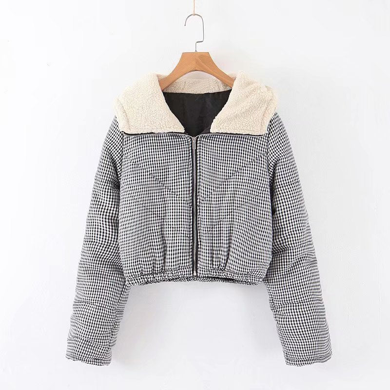 Chic Plaid Puffer Jacket with Cozy Faux Fur Collar and Hood