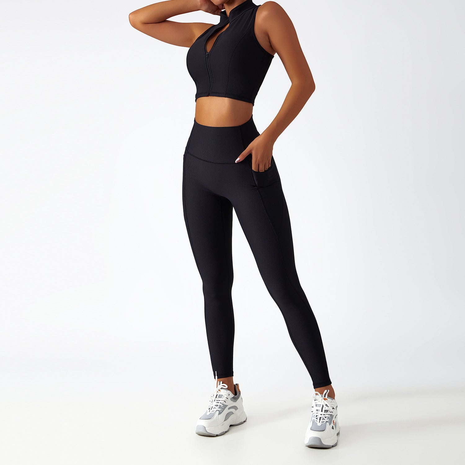 Comfortable Ribbed Activewear Set with Zipper Top and High Waist Leggings