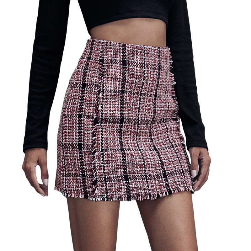 Fashionable Plaid Tweed A Line Short Skirt with Stylish Frayed Details