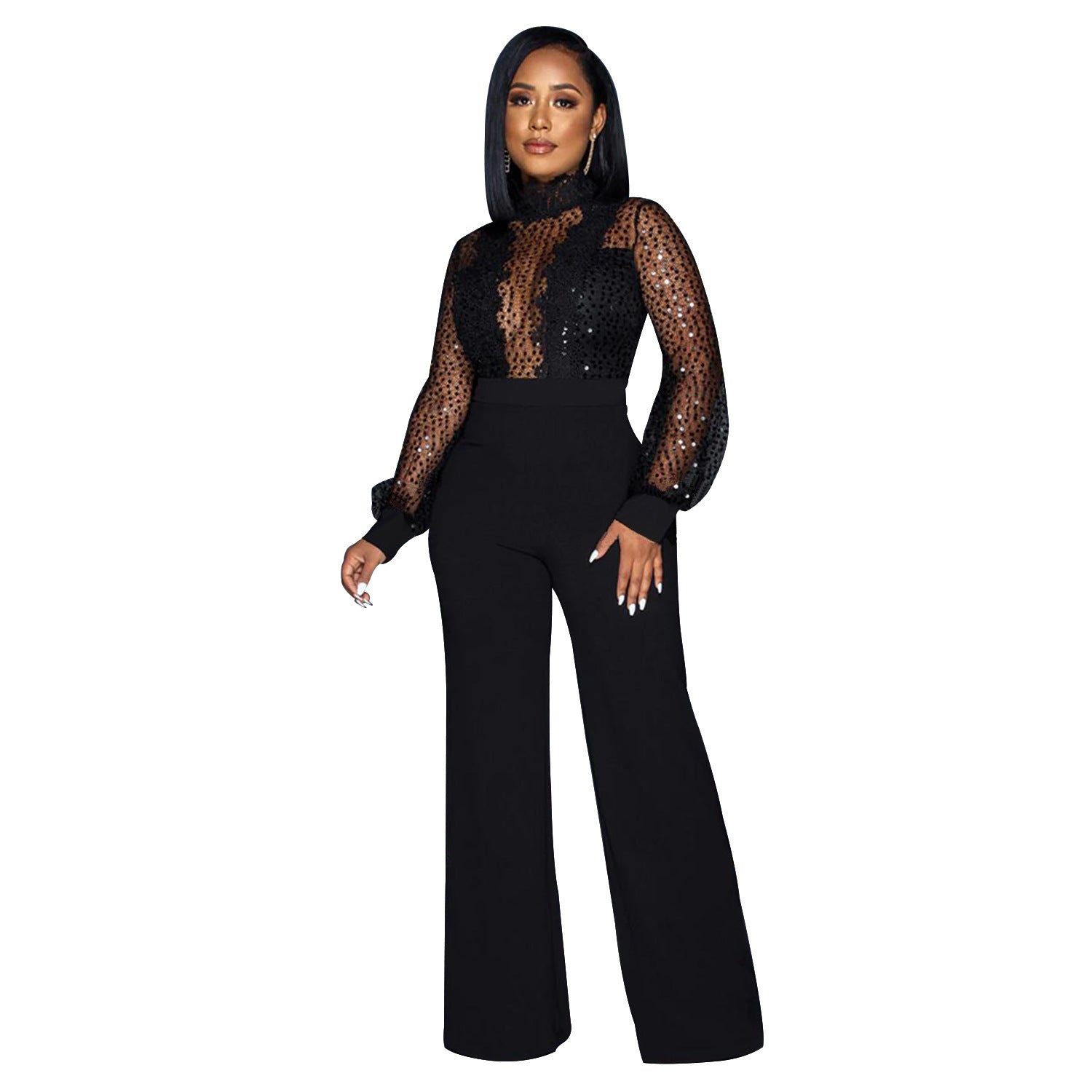 Chic Illusion Neck Sequin Sleeve Wide Leg Party Jumpsuit