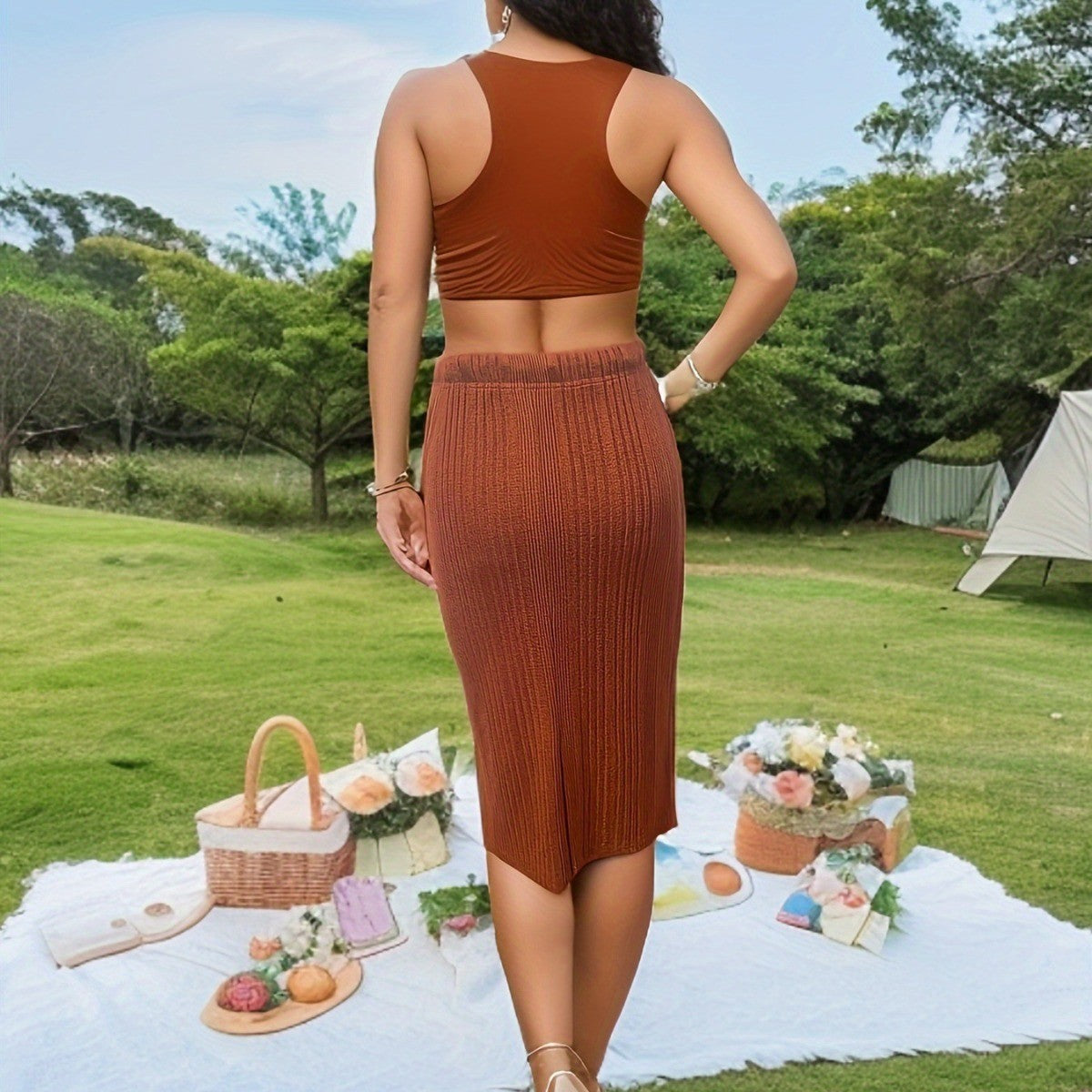 Effortless Comfort Ribbed Drawstring Midi Skirt Caramel Hue