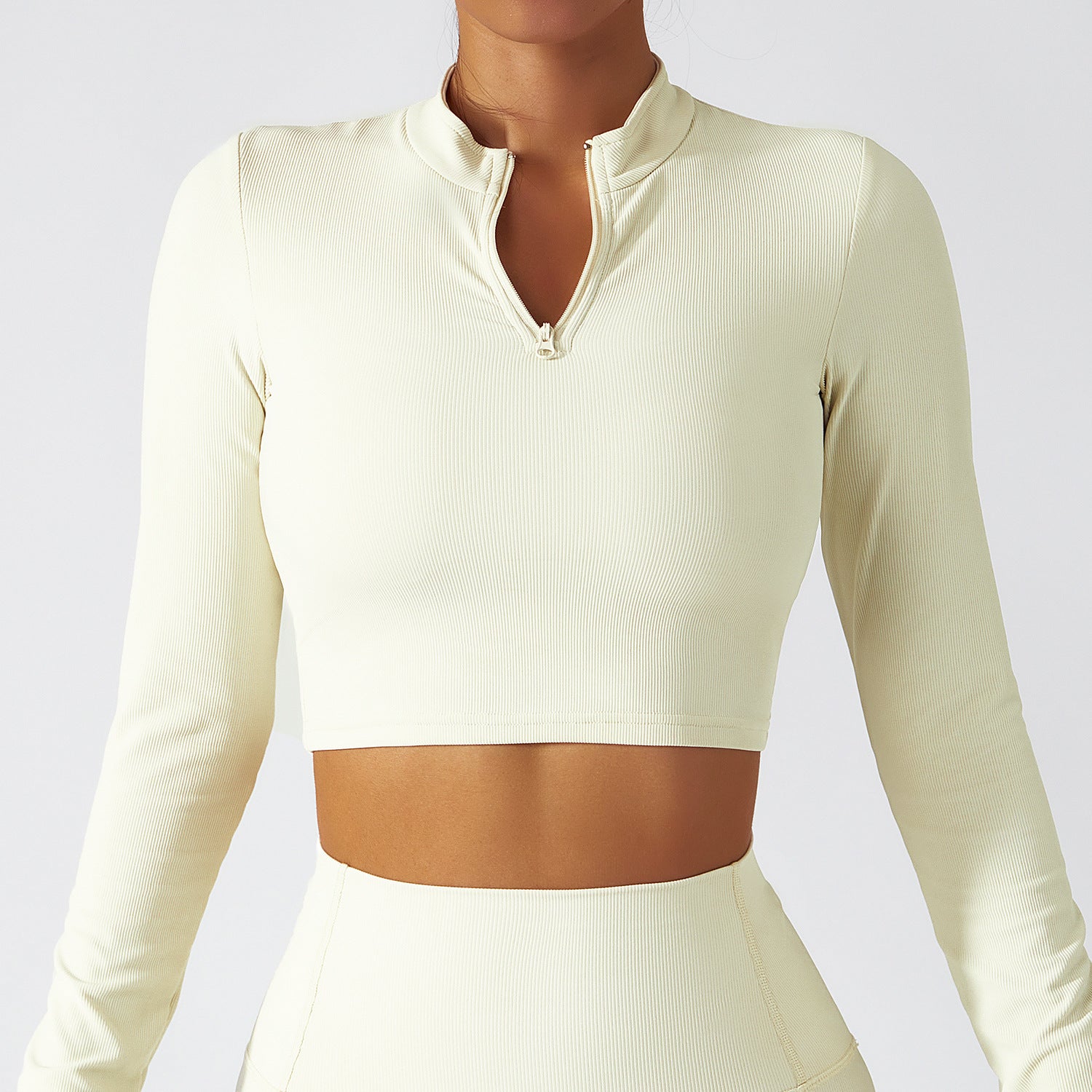 Athletic Ribbed Long Sleeve Stand Collar Zippered Yoga Crop Top for Women