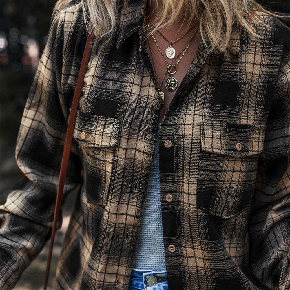 Effortless Retro Plaid Long Sleeve Button Up Drop Shoulder Shirt