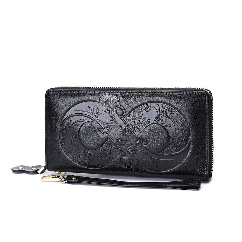 Genuine Leather Embossed Retro Cowhide Long Wallet with Convenient Wristlet Strap