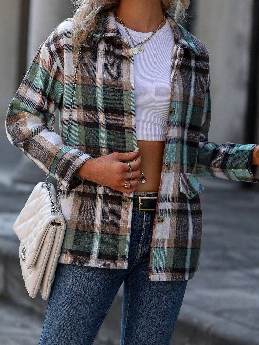 Stylish Loose Fit Plaid Button-Up Long Sleeve Shacket for Autumn