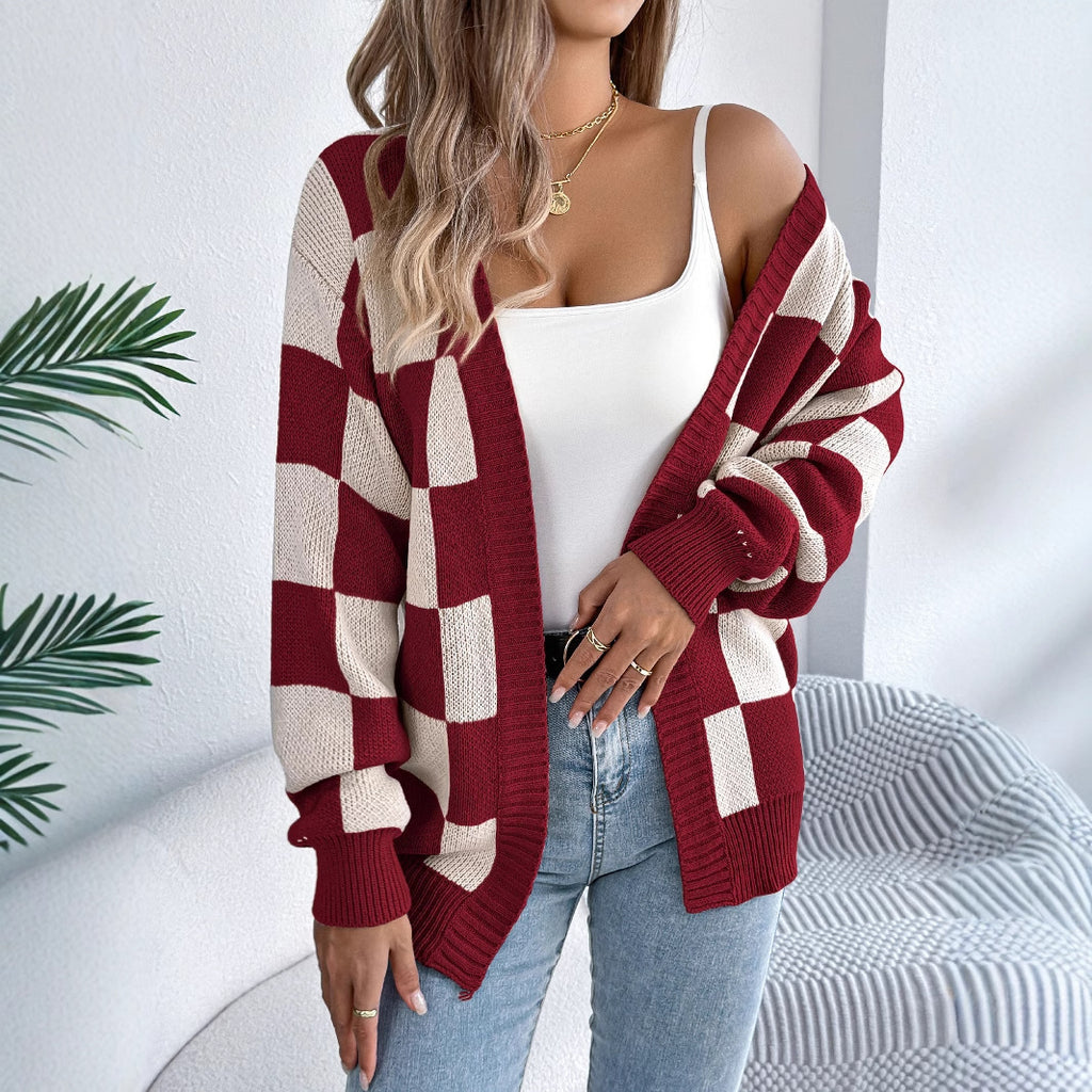 Cozy Plaid Checkered Long Sleeve Knit Cardigan Sweater