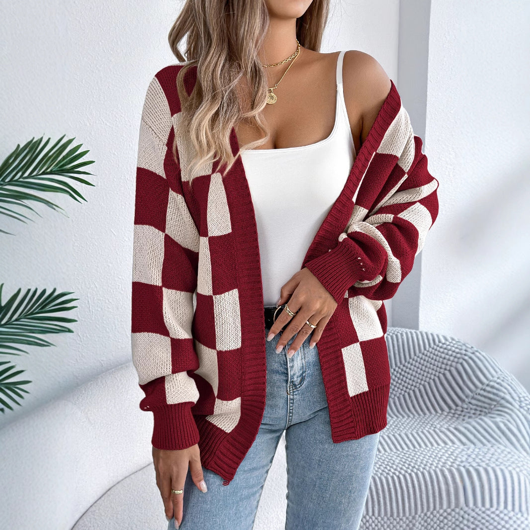 Cozy Plaid Checkered Long Sleeve Knit Cardigan Sweater