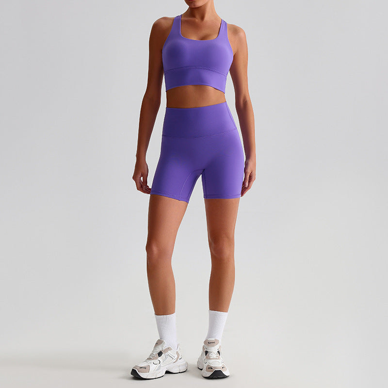 Comfortable Nylon Workout Set with Crop Top and High Waist Cycling Shorts for Women