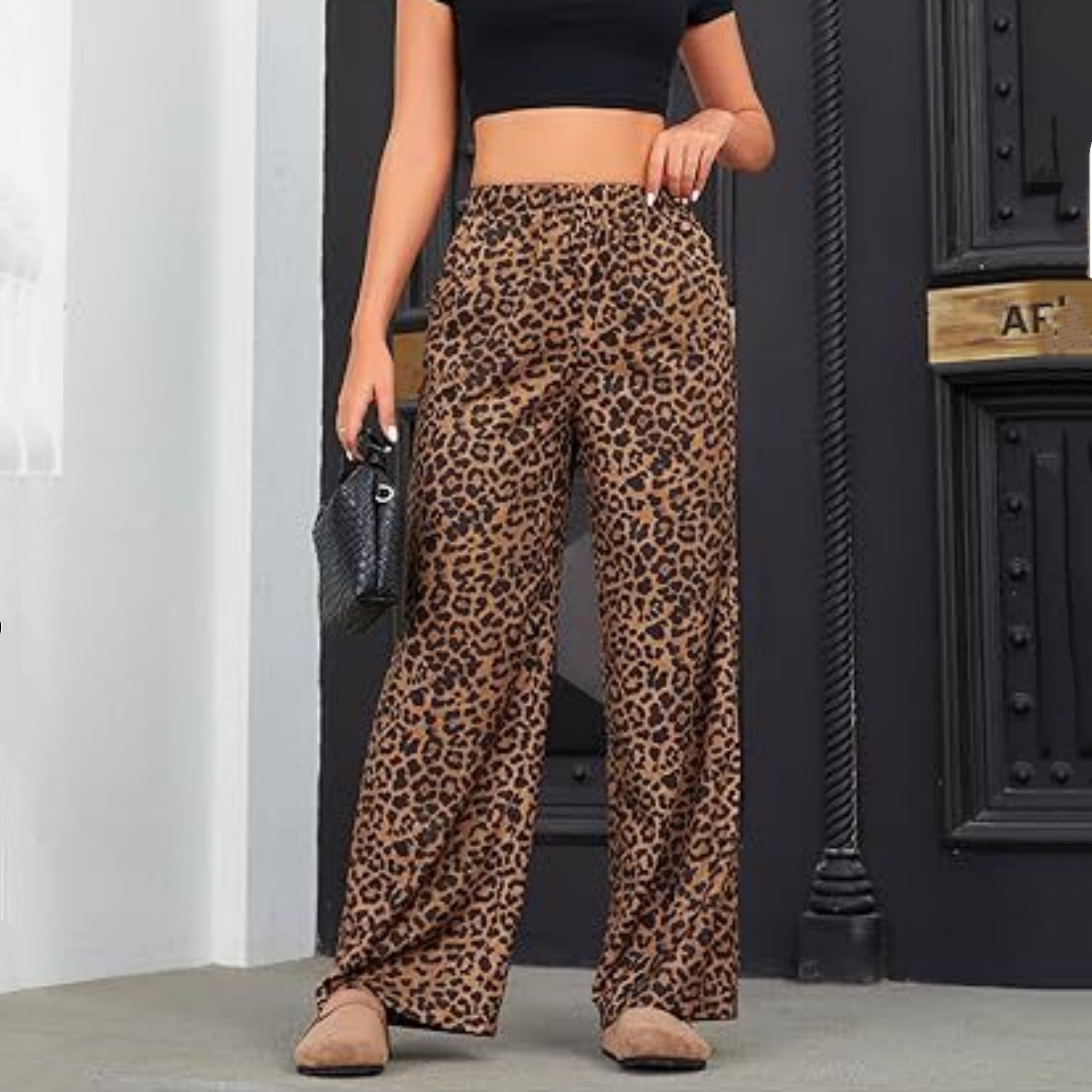 Chic Leopard Print Elastic Waist Wide Leg Trousers for Effortless Style