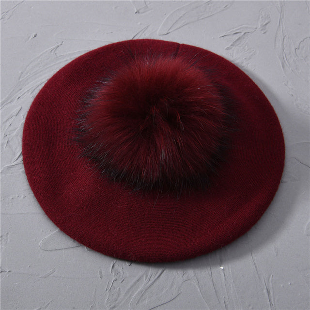 Women's Wool Beret with Real Raccoon Fur Pom Pom