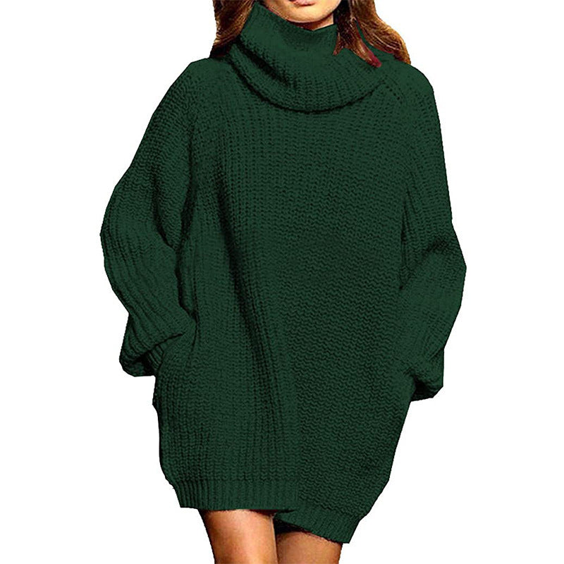 Cozy Oversized Long Sleeve High Neck Knit Sweater Dress with Convenient Pocket