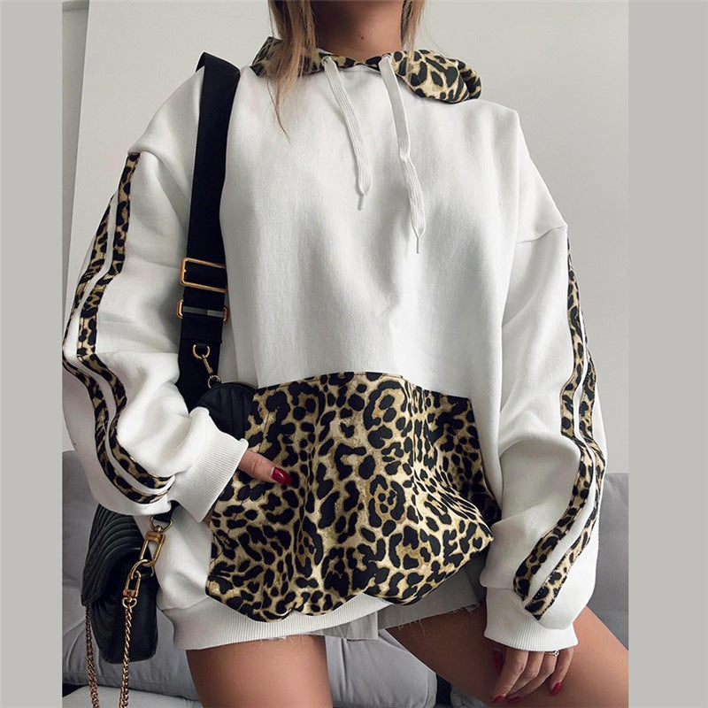 Chic Leopard Print Detail Relaxed Fit Casual Pullover Hoodie