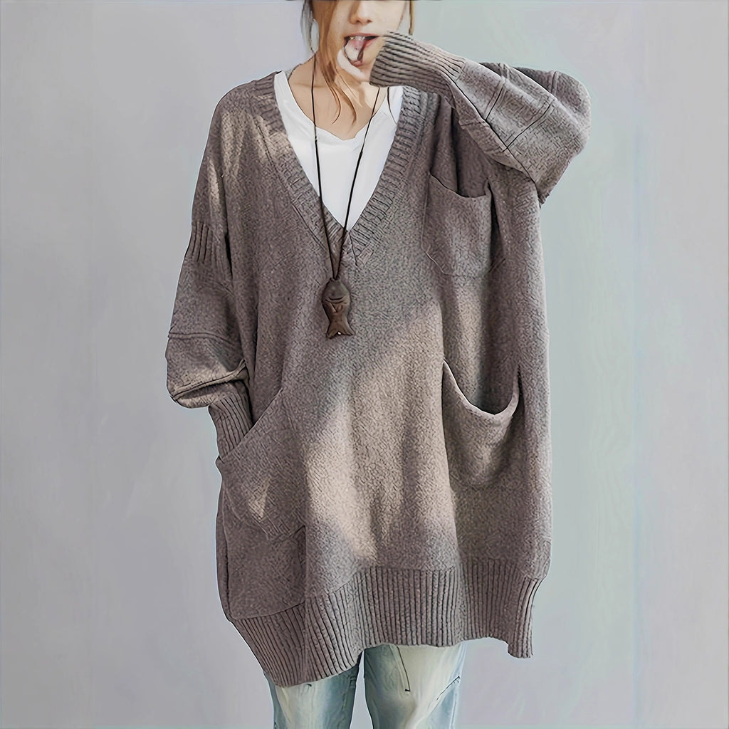 Comfortable Loose Fit V Neck Long Sleeve Pullover Sweater with Pockets