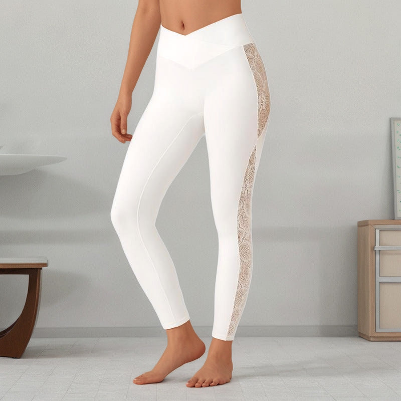 High Waist Athletic Leggings with Elegant Lace Panel Detail for Yoga and Fitness