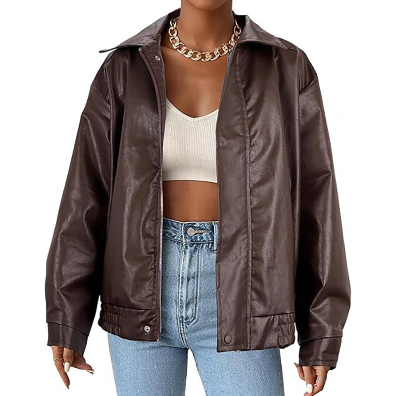 Street Style Loose Fit Faux Leather Bomber Jacket Trendy Design