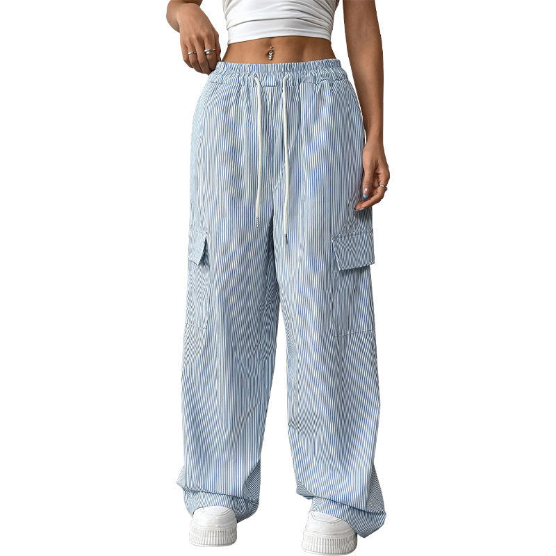 Comfortable Striped High Waist Wide Leg Cargo Trousers