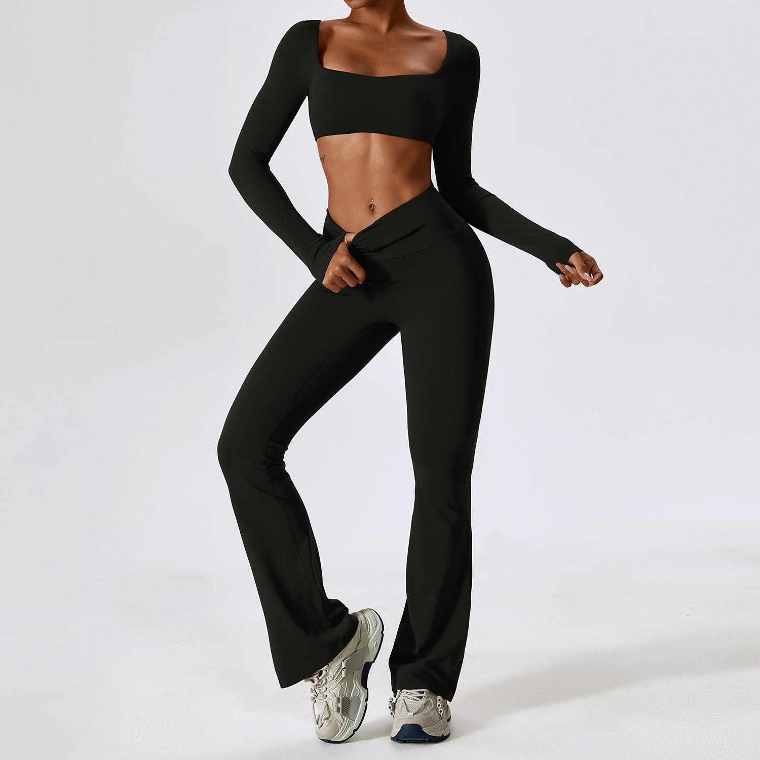 Nude Feel Long Sleeve Square Neck Crop Top and Flare Yoga Pants Activewear Set