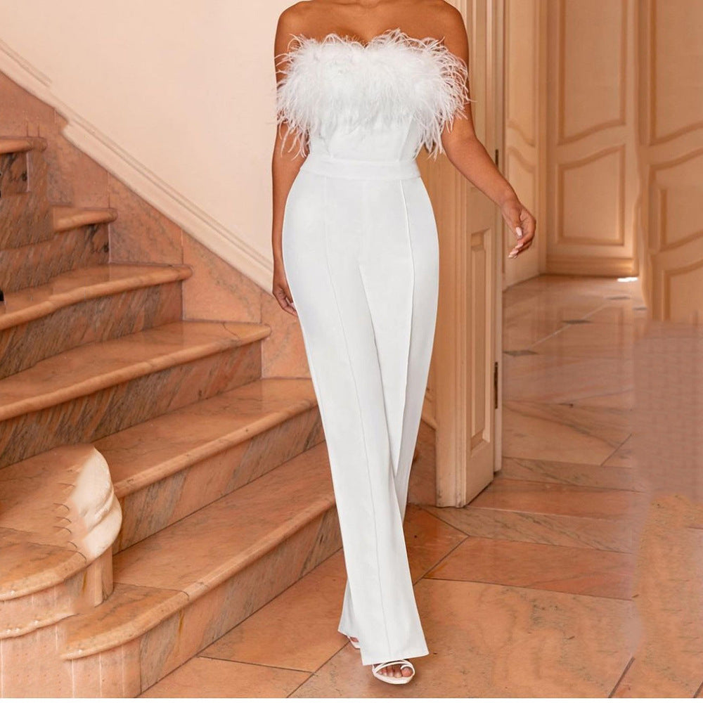 Elegant Strapless Feather Trim Jumpsuit for Women's Evening & Party Wear