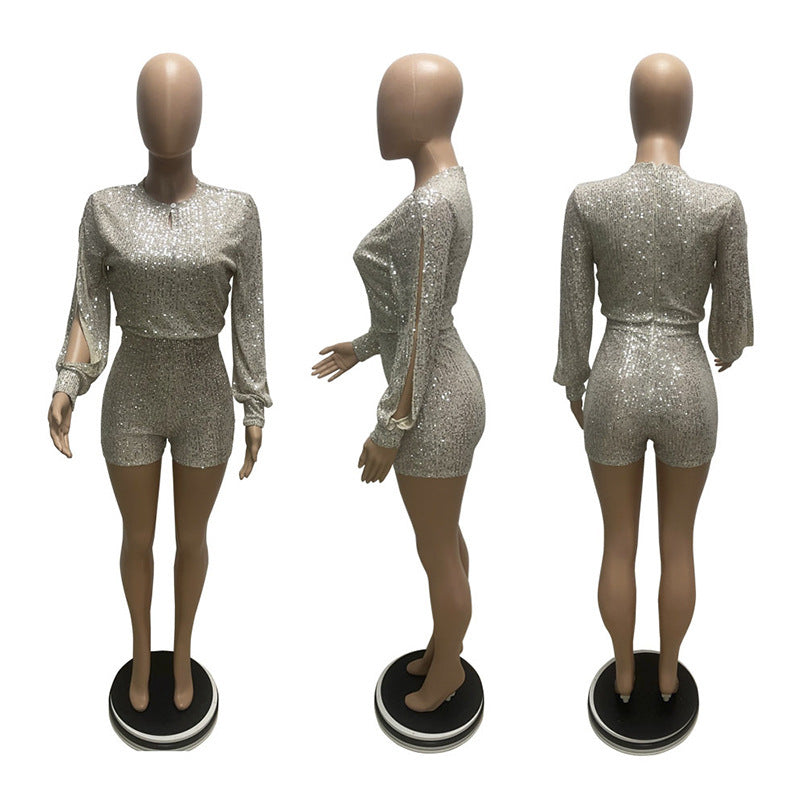 Sparkling Sequin Long Sleeve Romper - Elegant Party Jumpsuit