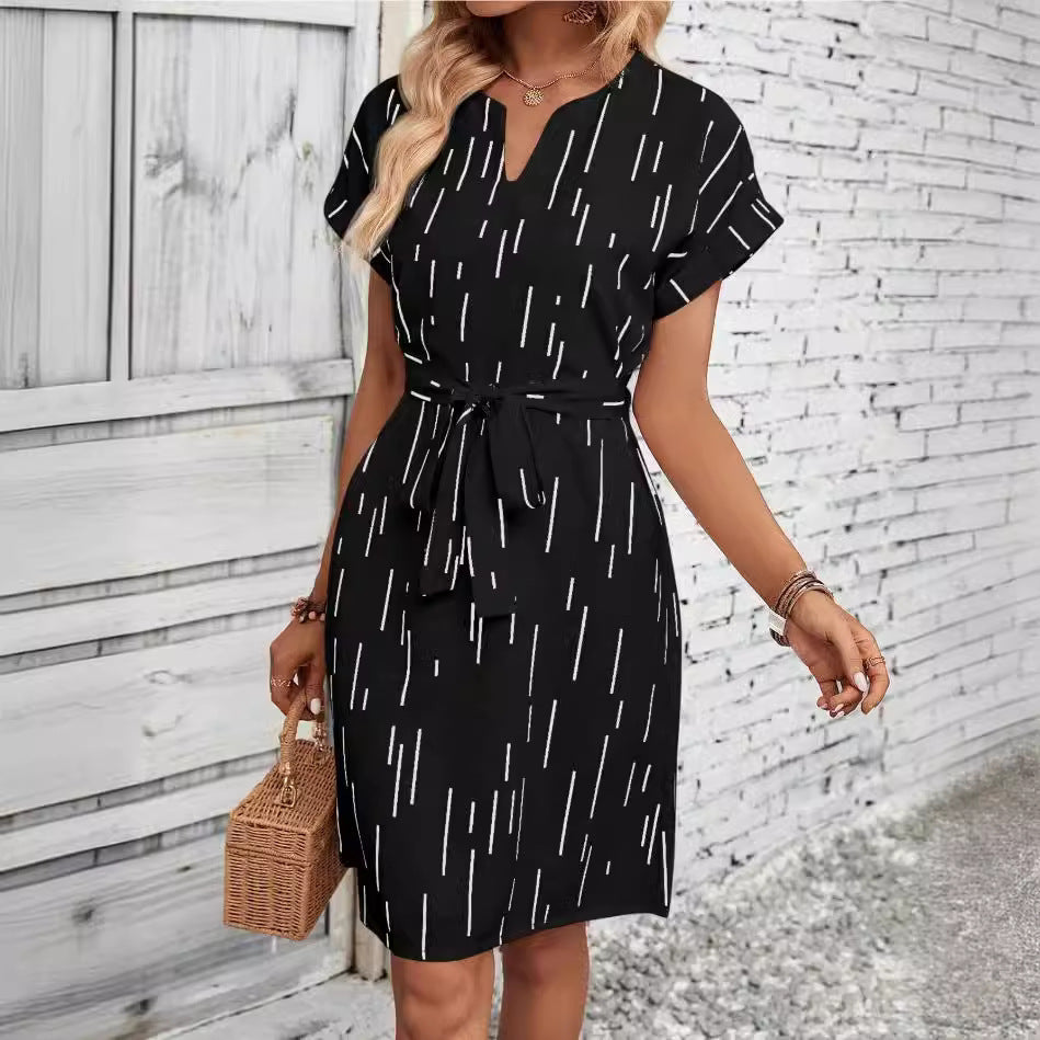 Women's Slotted Neckline Batwing Sleeve Printed Belted A-Line Dress