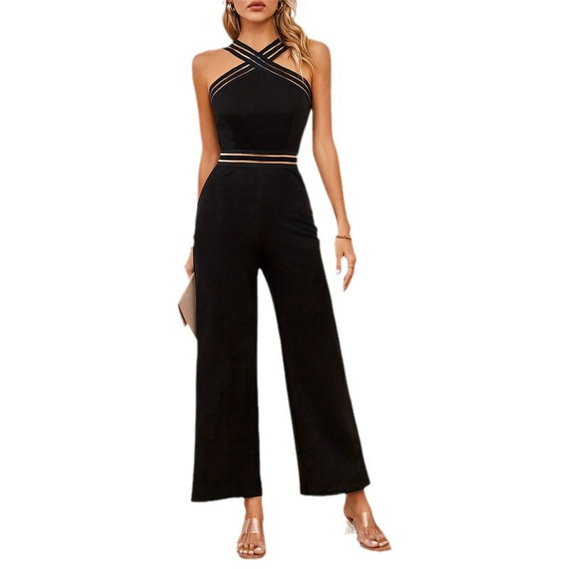 Elegant V Neck Short Sleeve Wide Leg Jumpsuit with Flowing Skirt Overlay