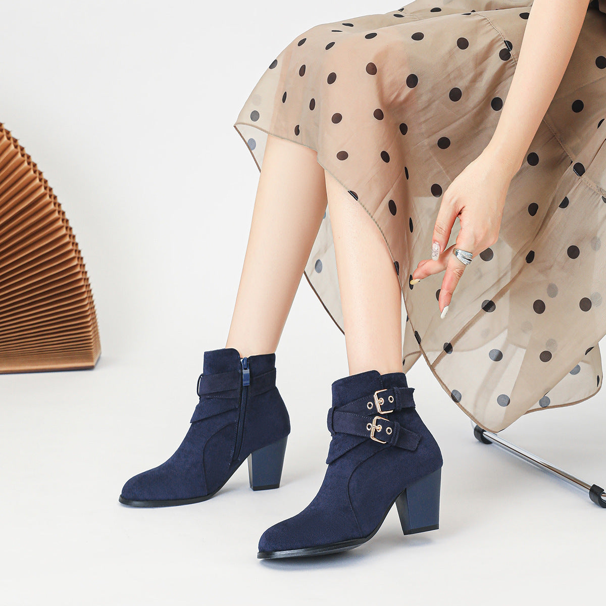 Adalyn Suede Buckle Block Heel Boots