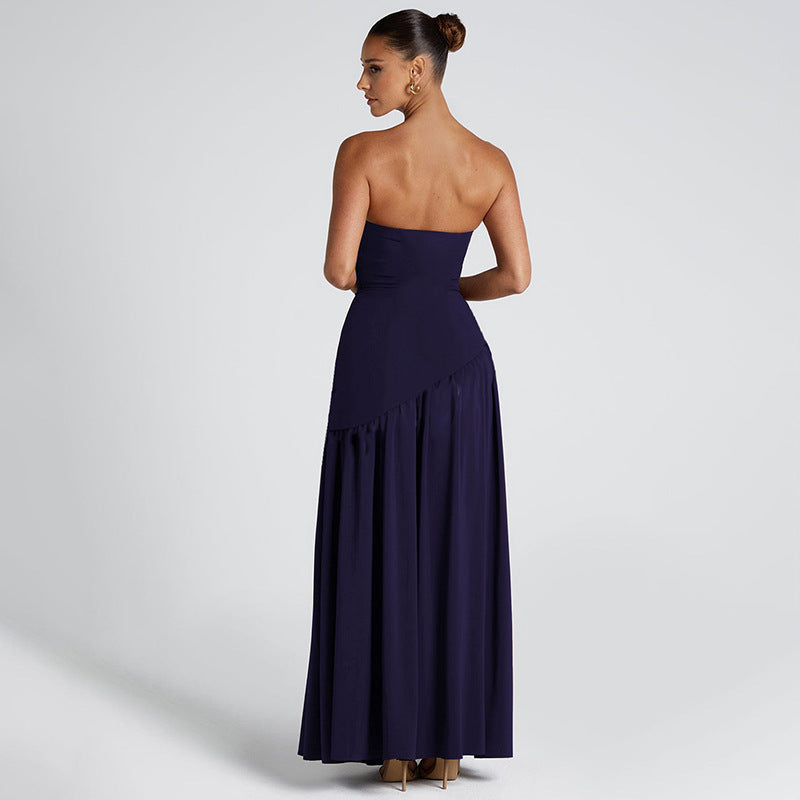 Elegant Strapless Maxi Dress with High Slit and Flowing Ribbon Detail for Special Occasions
