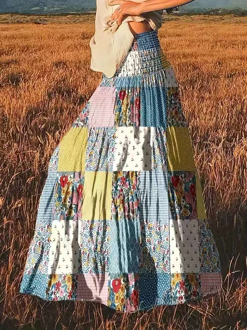 Vibrant Floral Patchwork Tiered Bohemian Maxi Skirt