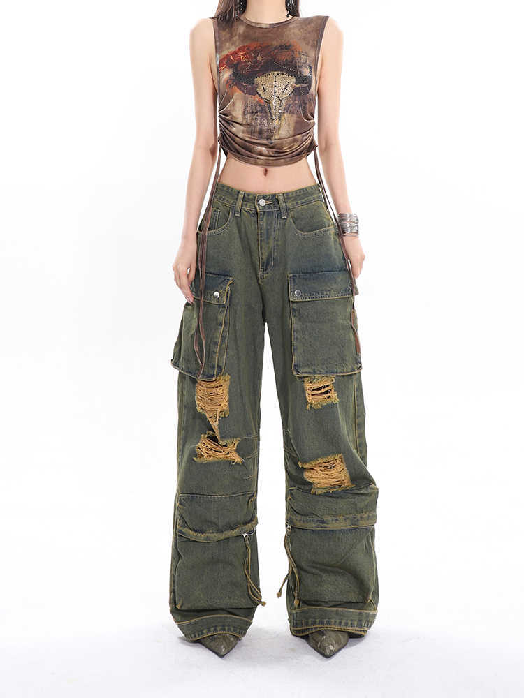 Trendy Distressed Baggy Cargo Jeans - Vintage Green