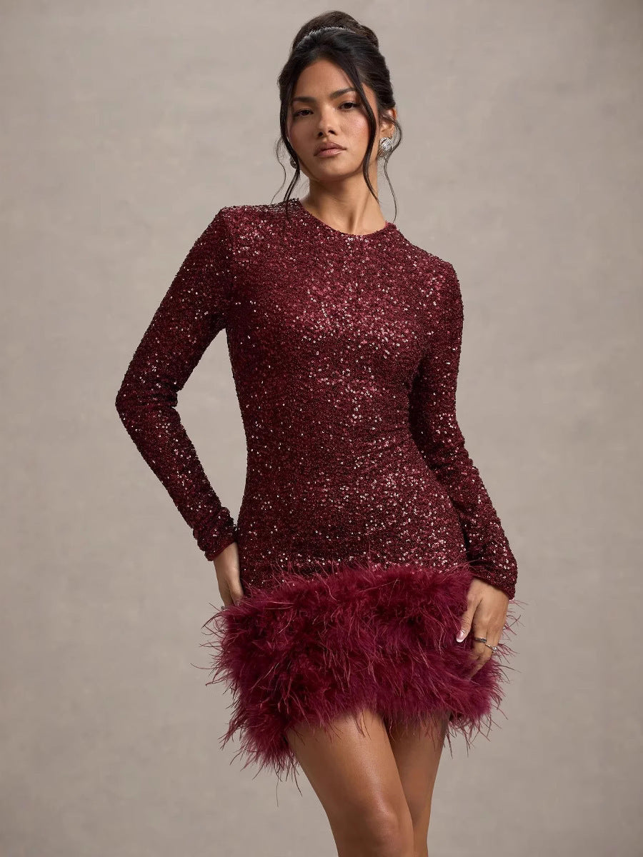 Glam Sequin Feather Mini Dress - Long Sleeve Party Gown