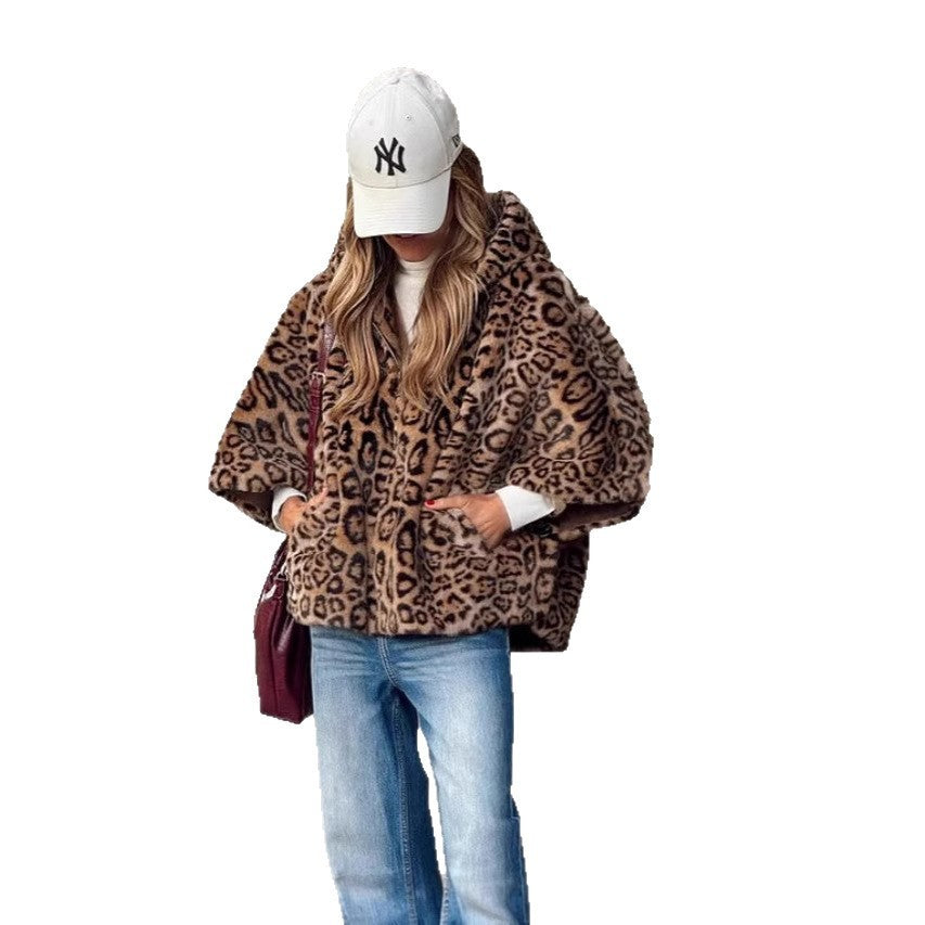 Stylish Leopard Print Faux Fur Hooded Jacket Comfortable Loose Fit Autumn Winter Warmth