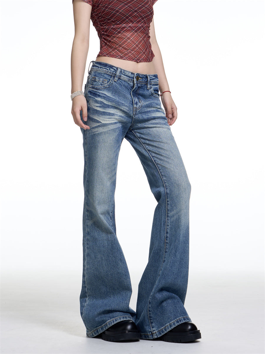 Retro Washed Wide Leg Jeans - Low Rise Denim for Women