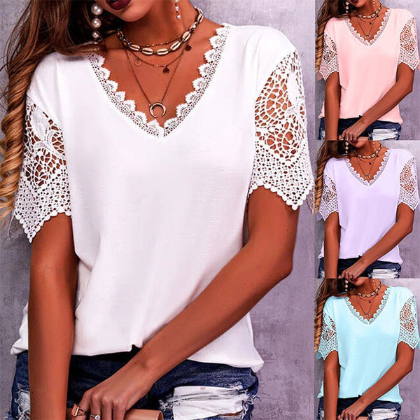 Elegant Lace V-Neck Blouse for Women - Casual Short Sleeve Summer Top