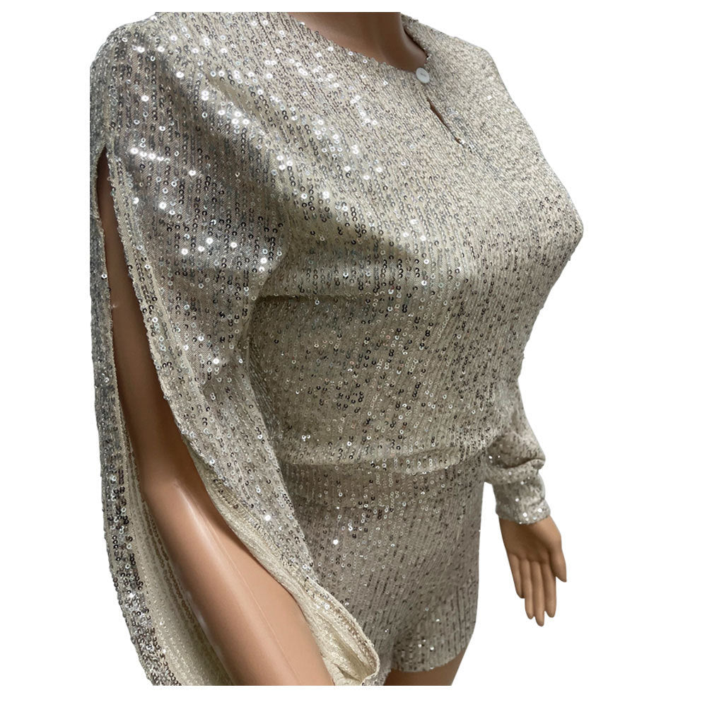 Sparkling Sequin Long Sleeve Romper - Elegant Party Jumpsuit