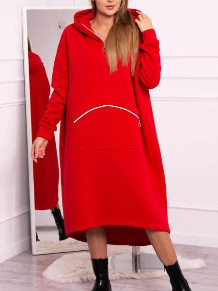 Cozy Casual Hooded Sweatshirt Dress with Zipper Detail and Pockets