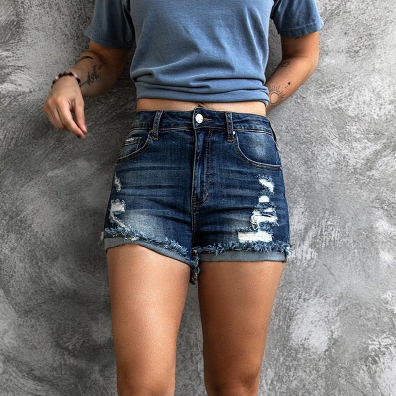 Fashionable High Waisted Ripped Stretch Denim Shorts for Women