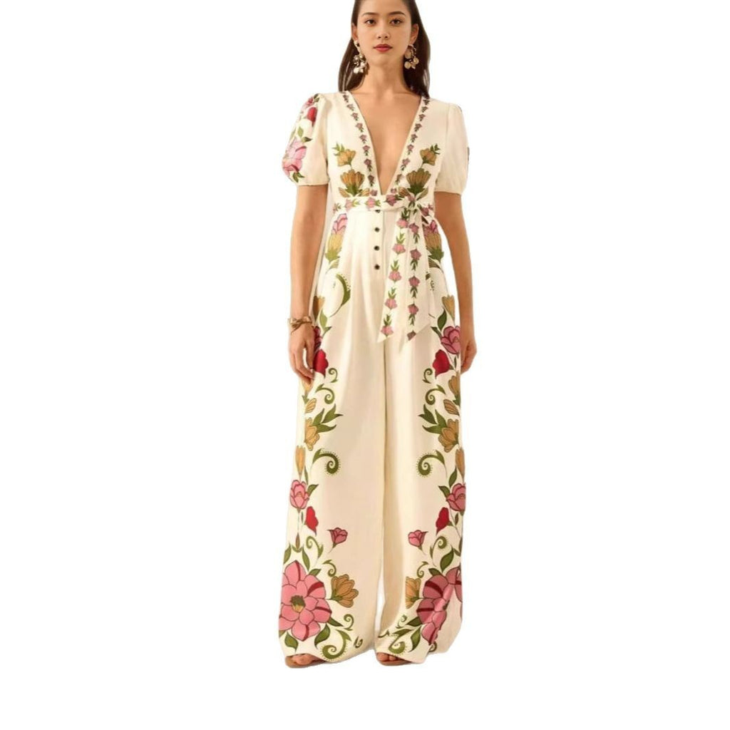 Stylish Women's Floral Deep V Neck Wide Leg Jumpsuit with Waist Tie