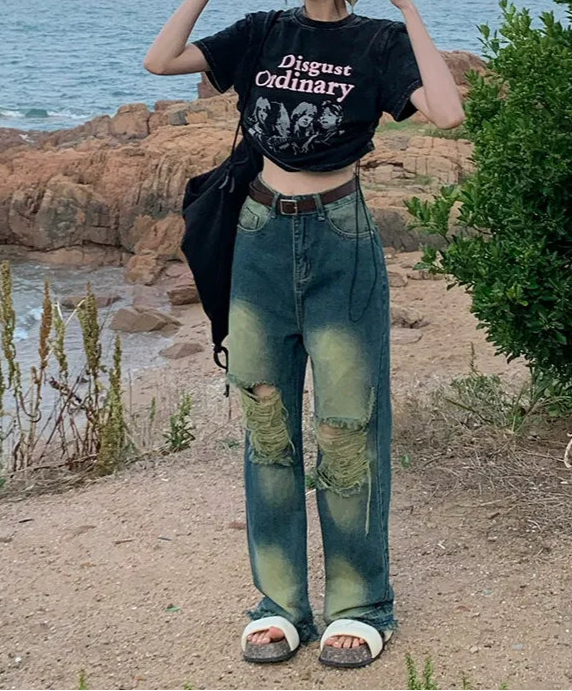 High-Waist Distressed Wide-Leg Denim Jeans