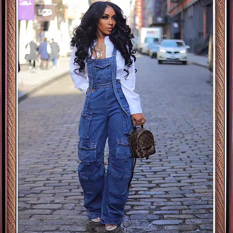 Women's Loose Fit Denim Jumpsuit - Casual Straight Leg