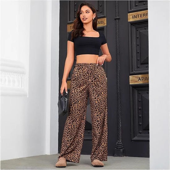 Chic Leopard Print Elastic Waist Wide Leg Trousers for Effortless Style