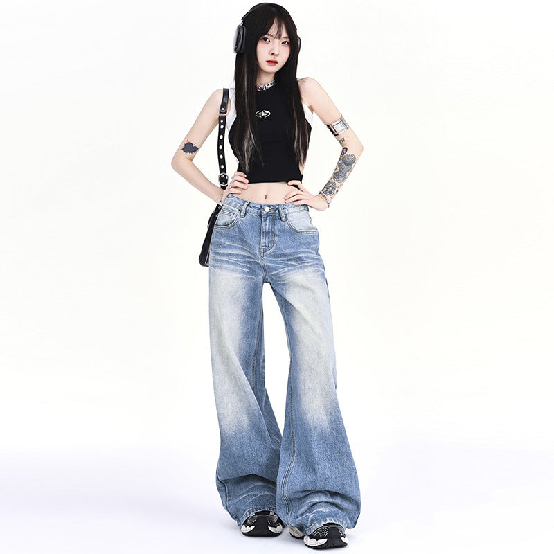 Washed-Out Denim Wide-Leg Jeans - Loose Fit Y2K Style