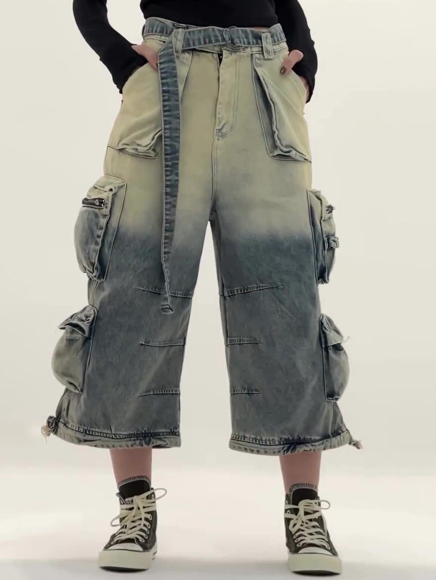 Trendy Ombre High-Waist Baggy Cargo Jeans