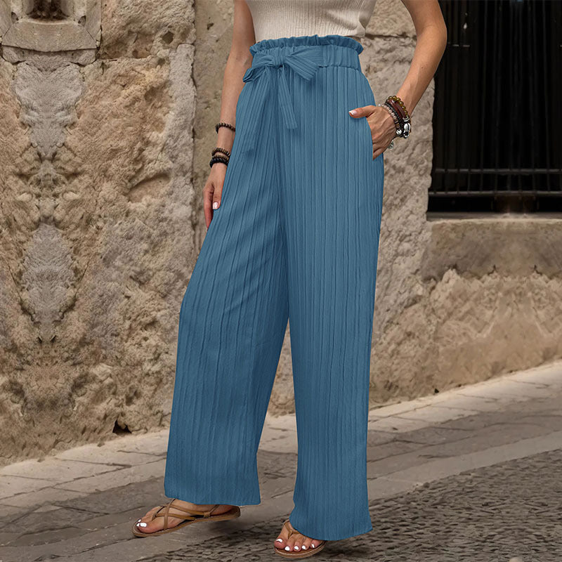 Comfortable High Waisted Paperbag Wide Leg Trousers with Tie Belt