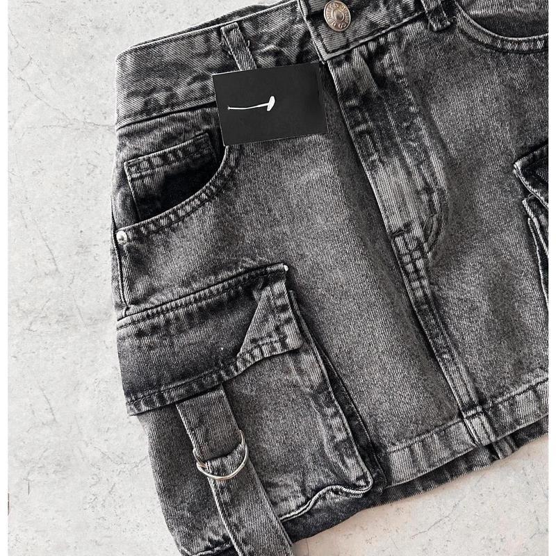 Trendy Y2K Washed Denim Mini Skirt with Utility Pockets