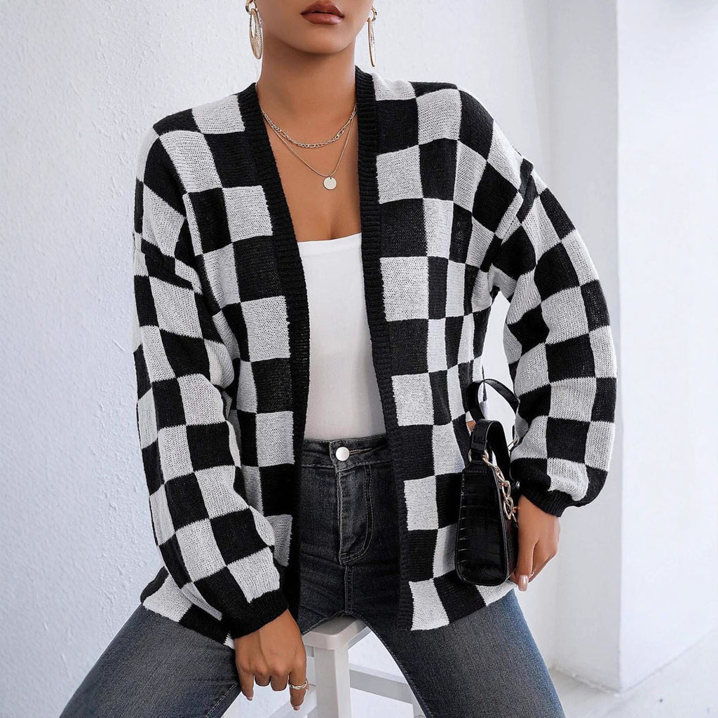 Cozy Chessboard Pattern Open Front Knit Cardigan Sweater