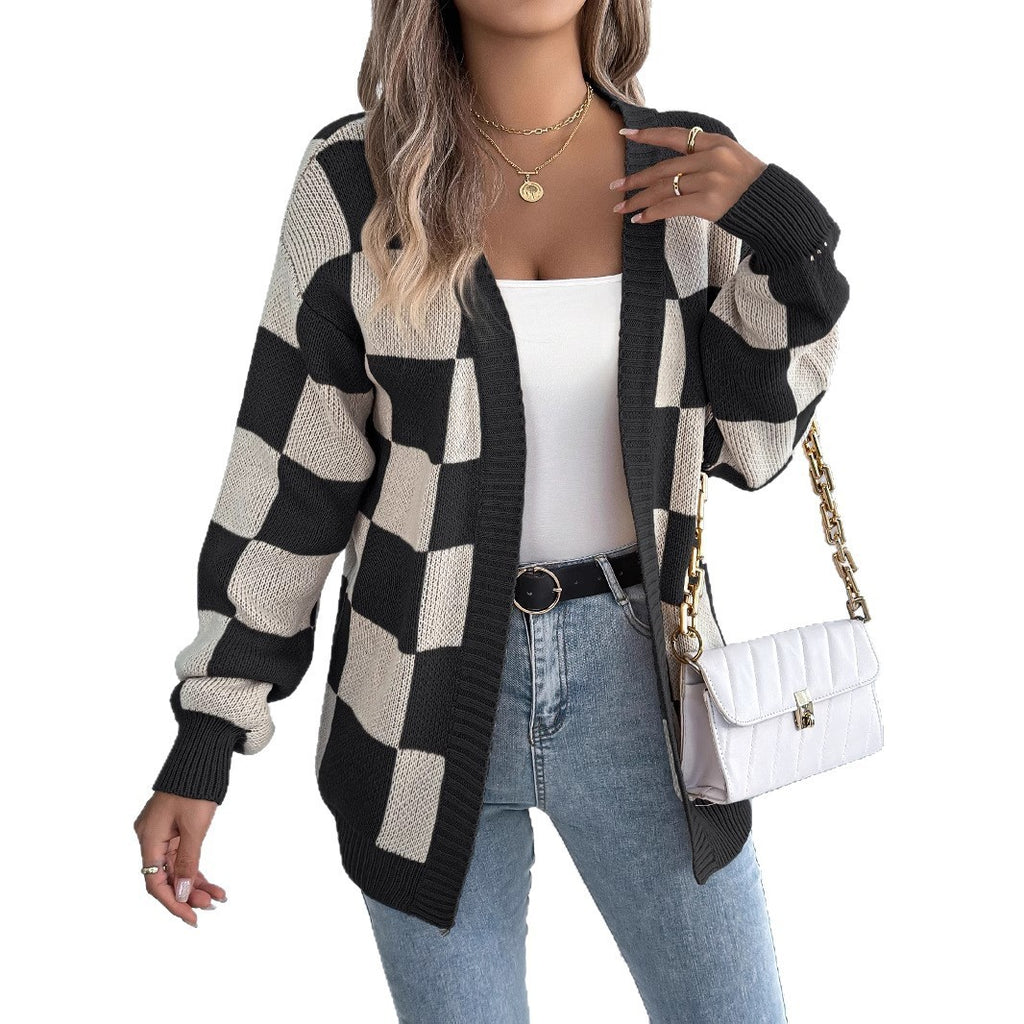 Cozy Plaid Checkered Long Sleeve Knit Cardigan Sweater